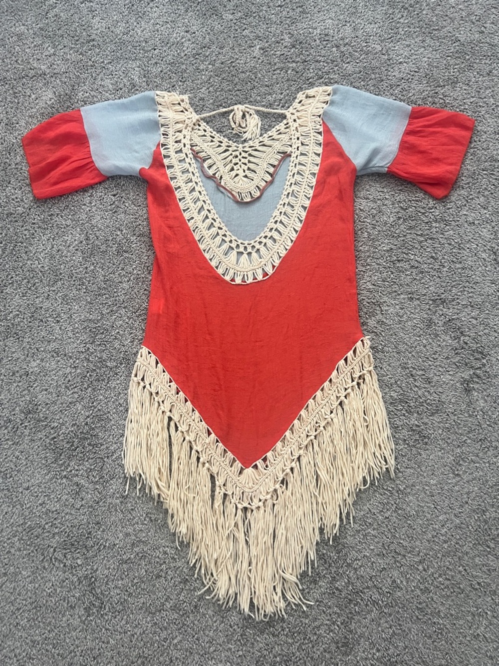 SHEIN Colorblock Light Blue & Red Boho Fringe Hem Cover-Up Summer Tunic Size OS - Picture 9 of 10